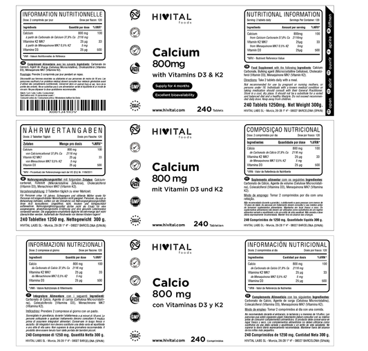 Calcio 800 mg con Vitamina D3 y K2 - 240 comprimidos