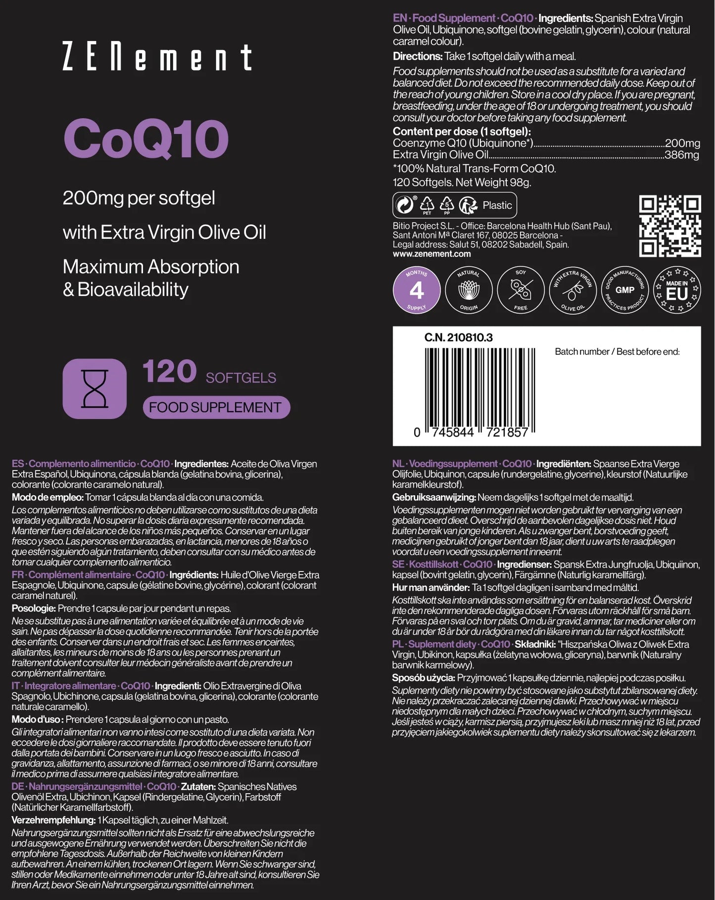 CoQ10 200 mg por perla - 120 Softgels