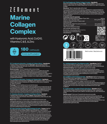 Complejo de Colágeno Marino con Ácido Hialurónico, CoQ10, Vitaminas C & E y Zinc - 180 Cápsulas