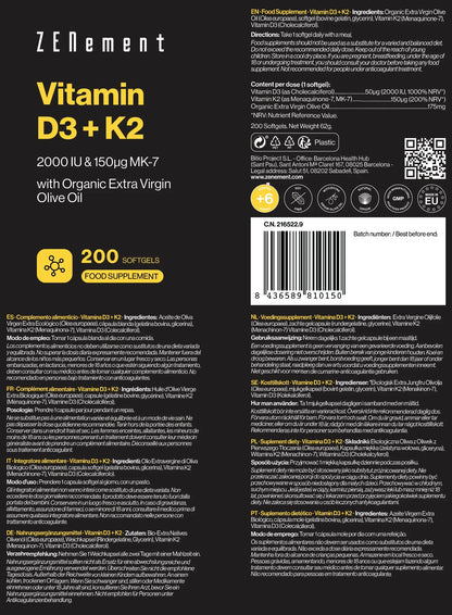 Vitamina D3 + K2 (2000 UI) & MK-7 (150 μg) - 200 Softgels