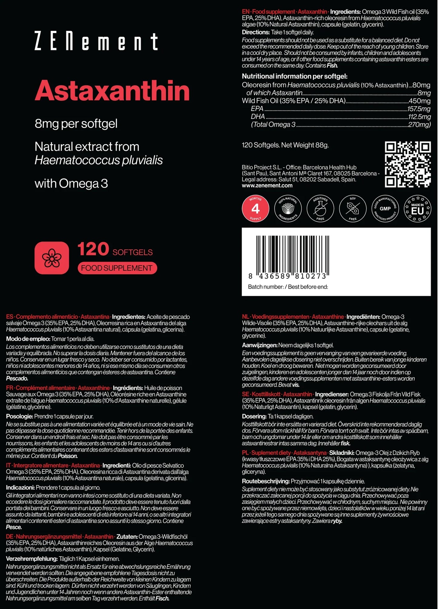 Astaxantina 8 mg por perla - 120 Softgels