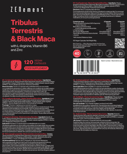 Tribulus Terrestris y Maca Negra con L-Arginina, Vitamina B6 y Zinc - 120 Cápsulas