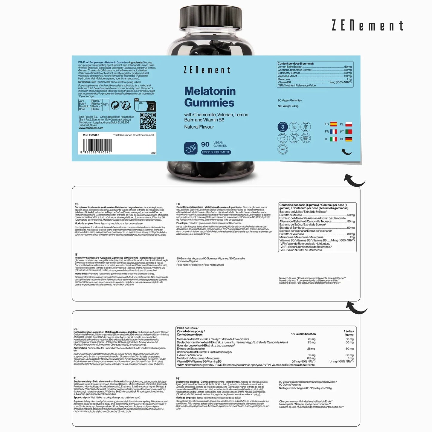 Melatonina gominolas con Camomila, Valeriana, Melisa y Vitamina B6 - 90 Gummies