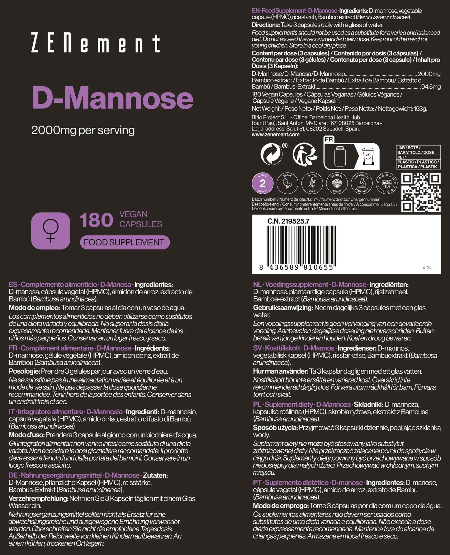 D-Manosa 2000 mg por dosis - 180 Cápsulas Veganas