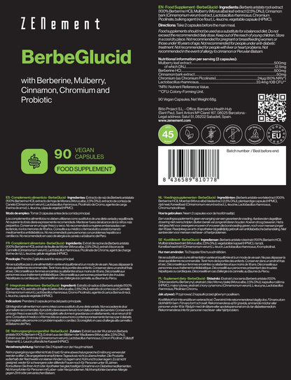 BerbeGlucid con Berberina, Morera, Canela, Cromo y Probiótico - 90 Cápsulas Veganas