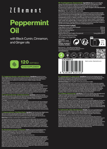 Aceite de Menta Piperita con Aceites de Comino Negro, Canela y Jengibre - 120 Cápsulas blandas
