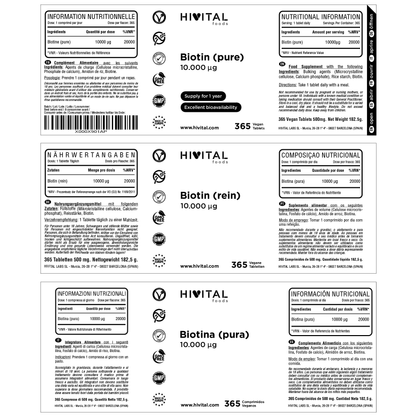 Biotina pura 10.000 mcg - 365 comprimidos veganos