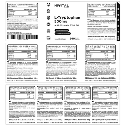 L-Triptófano 500 mg - 240 cápsulas veganas