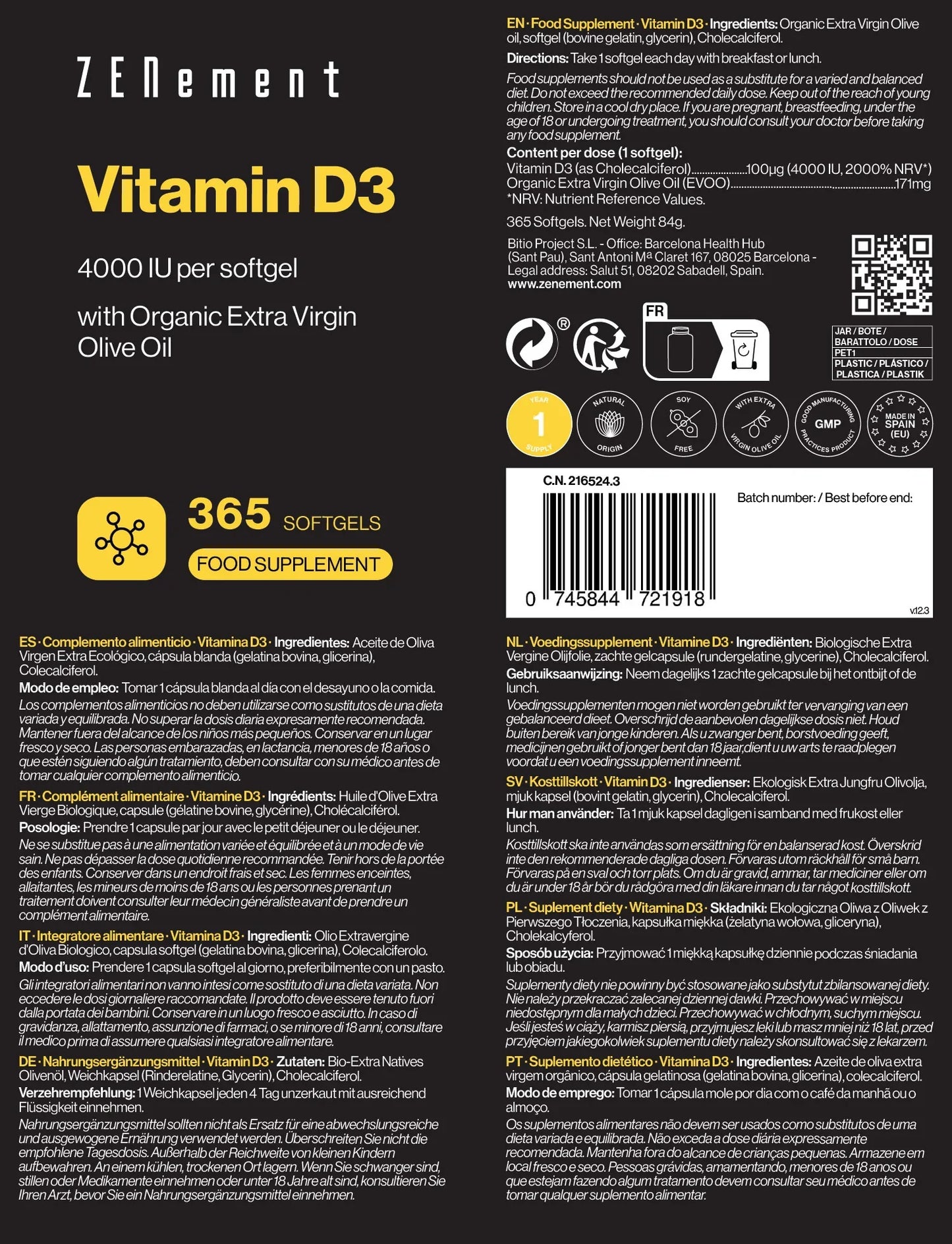 Vitamina D3 4000 UI por softgel - 365 Softgels