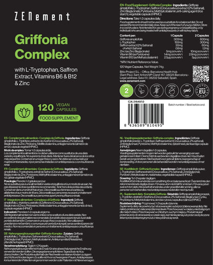 Complejo de Griffonia con L-Triptófano, Extracto de Azafrán, B6, B12 y Zinc - 120 Cápsulas