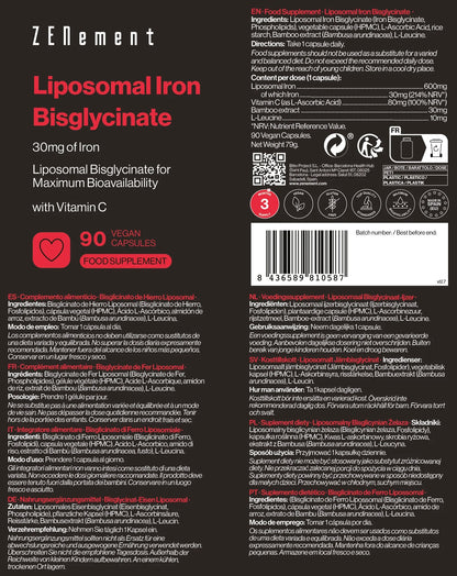 Bisglicinato de Hierro Liposomal con Vitamina C - 90 Cápsulas Veganas